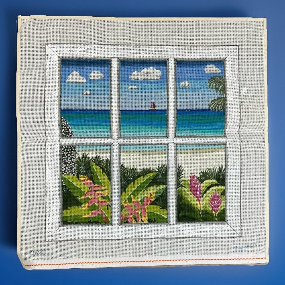 Suzanne Handpainted HP Needlepoint Canvas - Tropical Beach Window View